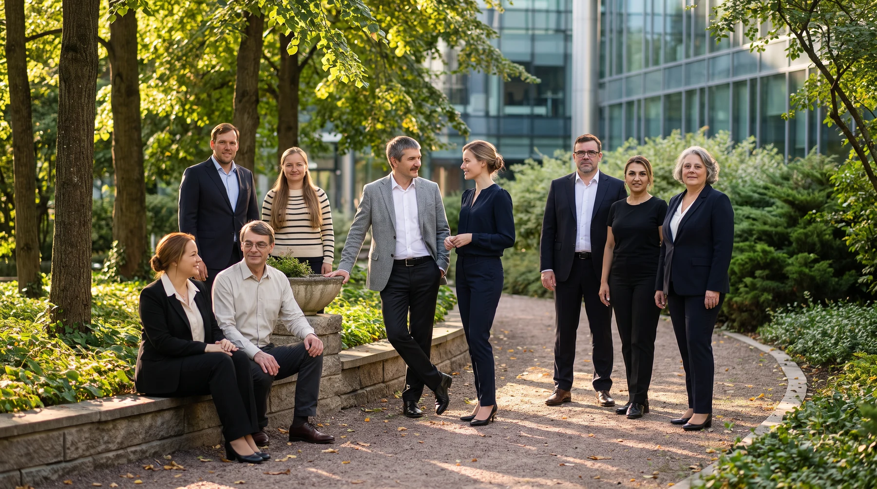 KI-gestaltetes Gruppenmotiv mit neun SEDC-Teammitgliedern im Grünen